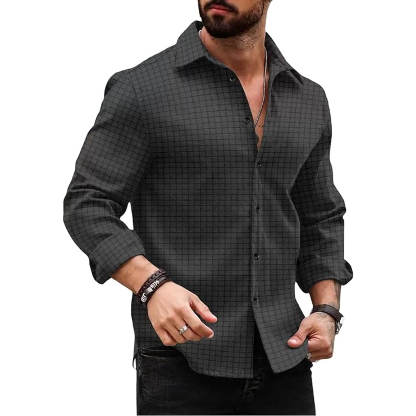 Men's Regular Fit Button Down Dress Shirts Textured Long Sleeve Casual Hawaiian Shirt