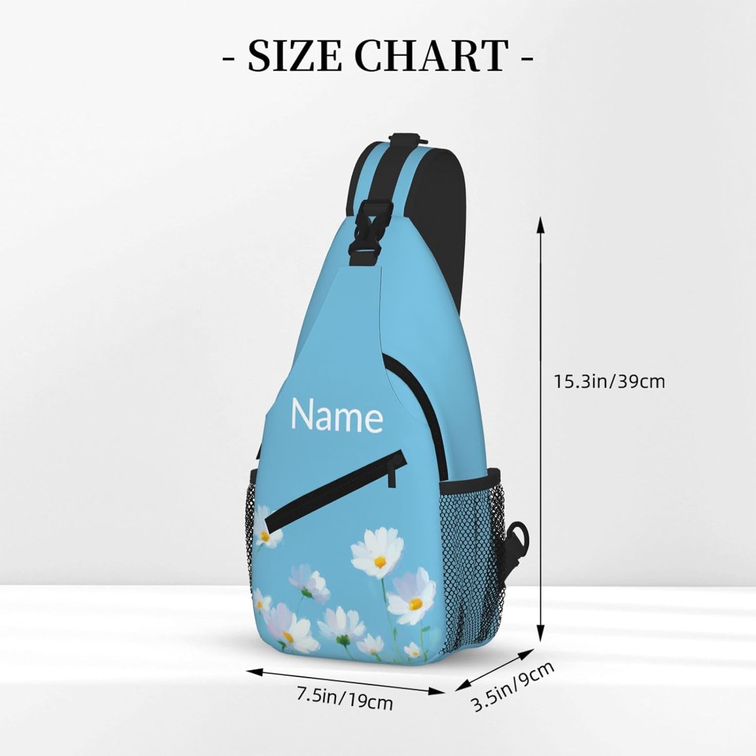 SUPLUCHOM Custom Sling Bag With Name White Flower Blue Summer Personalized Hiking Daypack Customized Crossbody Shoulder Backpack Travel Chest Pack for Men Women
