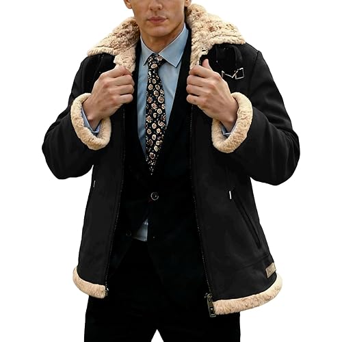 Ruziyoog Men’s Faux Shearling Jacket Warm Sherpa Lined Leather Coat Winter Thick Biker Aviator Bomber Outwear