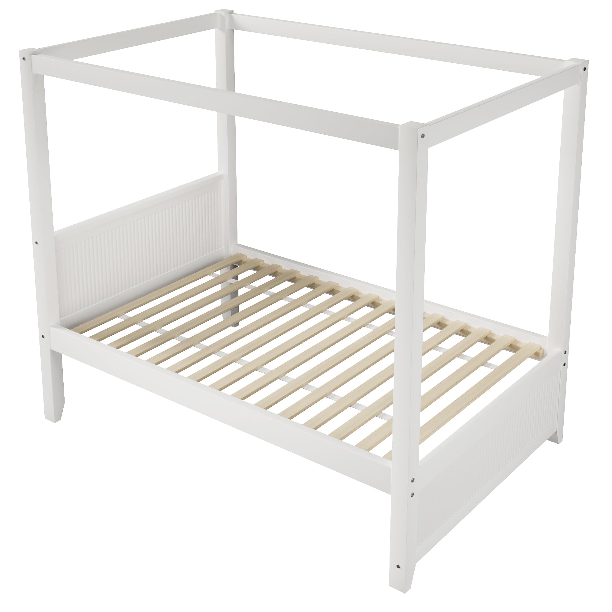MURUL Himmelbett 90x200 cm Weiß, Massivholz Bett mit Dachrahmen & vertikalen Lamellen, Skandinavisches Design