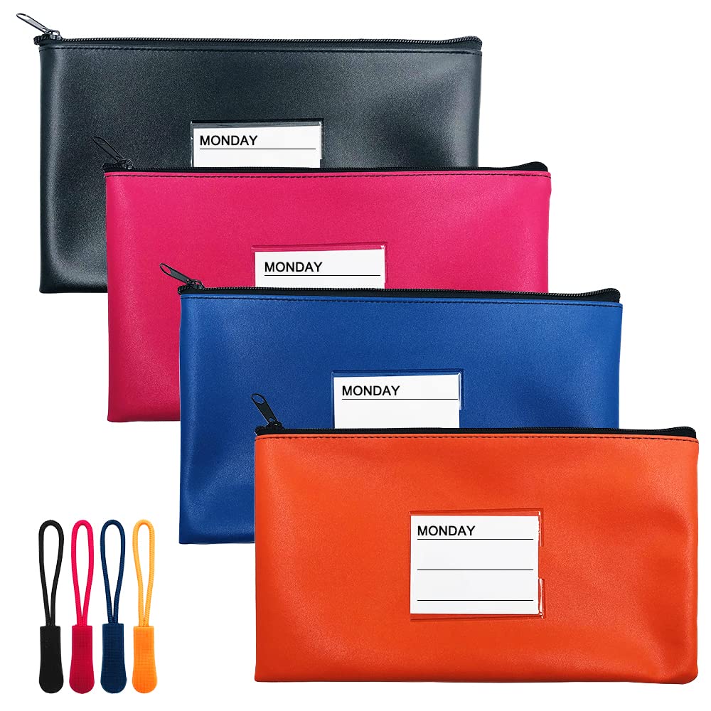 4 Pack Money Bag for Cash,Yucool PU Leather with Zipper and Framed IDWindow Multifunctional Pencil Stationery Change Mobile Phone Storage Bag&4 Zipper Heads-4 Colors