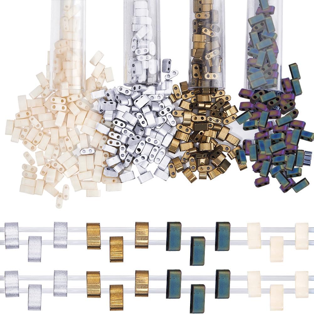CREATCABIN 400Pcs 2 Hole Half Tila Beads 4 Colors Mix Glass Seed Beads Rectangle Mini Baking Paint Metallic Color Opaque Flat Square for Craft Bracelet Necklace Earring Jewelry Making (Gold Silver)