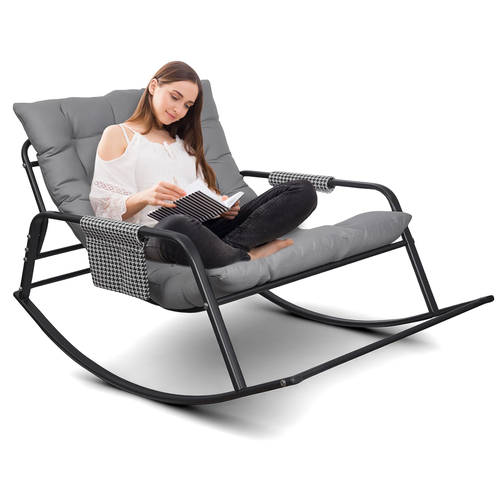 Silla Mecedora, Carga 150 kg, Sillon Mecedora Salon Extra Grande con Cojín Acolchado, Rocking Chair Marco de Metal, Sillón Relax para Adulto Salón, Dormitorio, Interior y Exterior (Gris)