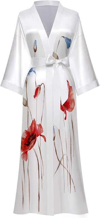 Womens Long Silk Robes Long Satin Robes Long Kimono Robes Floral Silky Bathrobes Dressing Gown, One Size