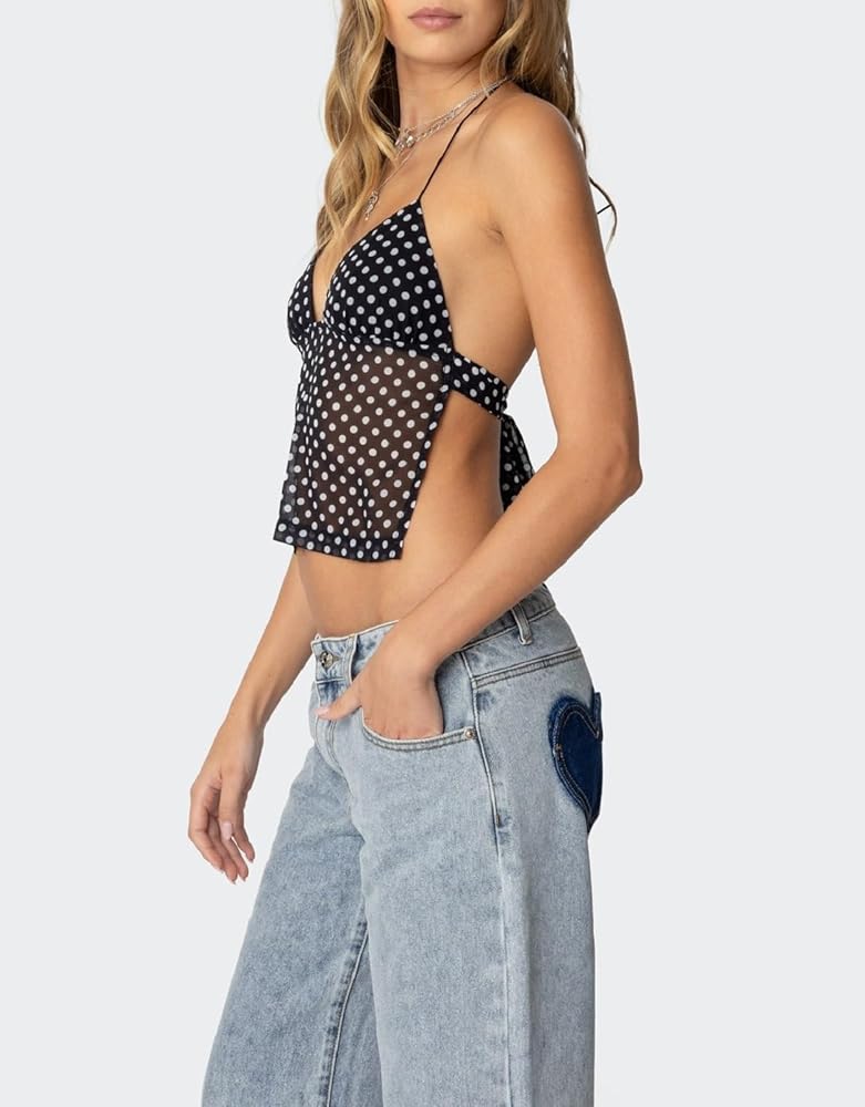 Women Y2K Cami Tank Top Polka Dot Sleeveless V Neck Crop Top