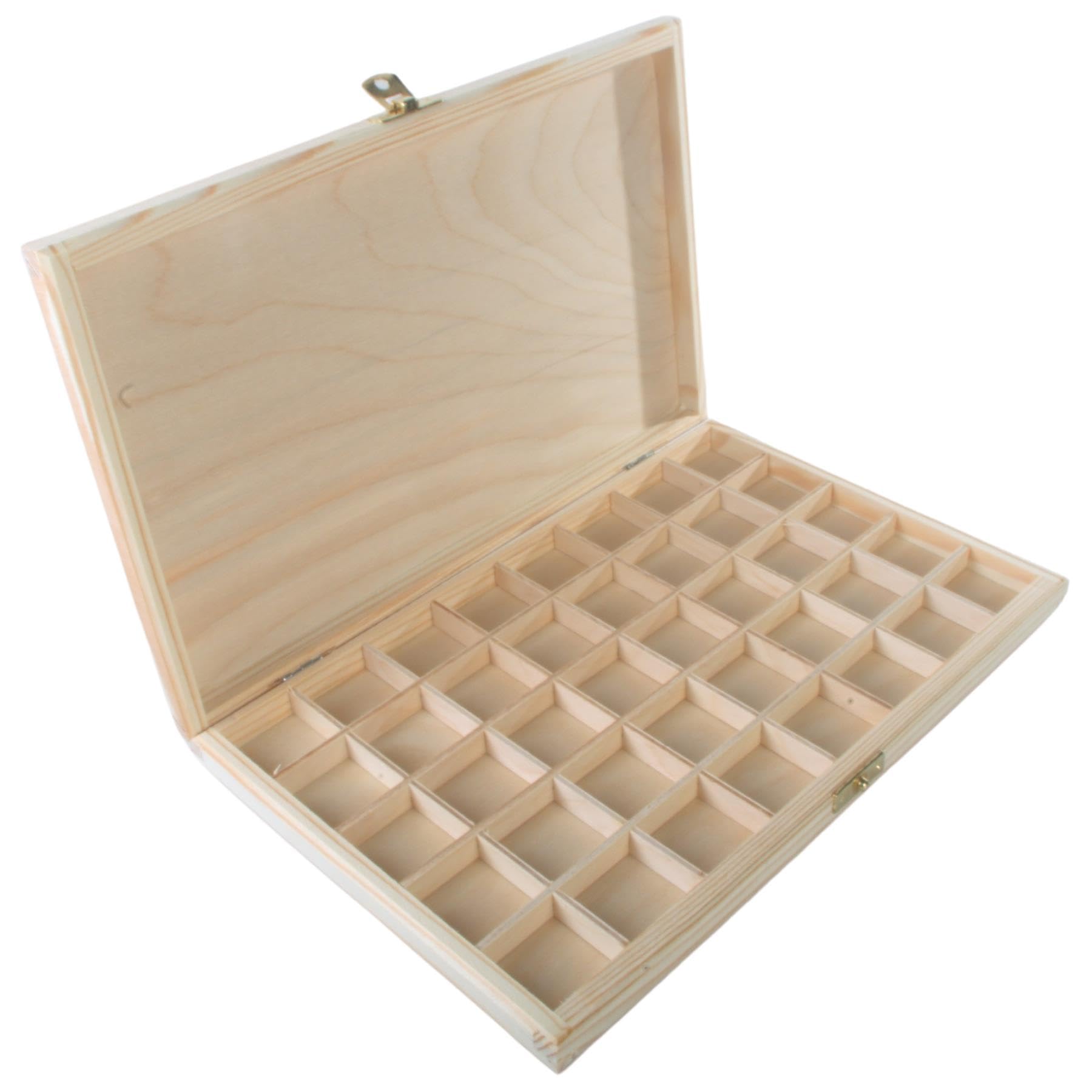WooDeeDoo Wooden Storage Box with 40 Compartments & Clasp – Slim Pine Organiser Case for Jewellery Beads Crystals Sewing Tools Mini Crafts – Customisable Unfinished Wood – 30 x 19 x 3 cm​