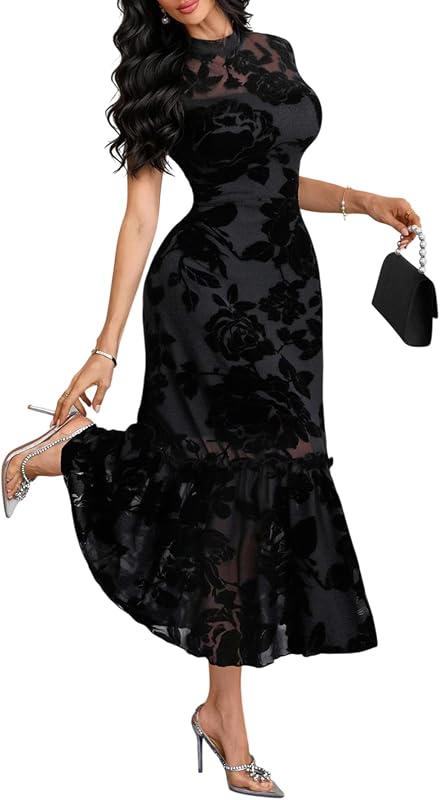 GothDark Women's Summer Floral Mesh Ruffle Casual Maxi Wedding Guest Dress