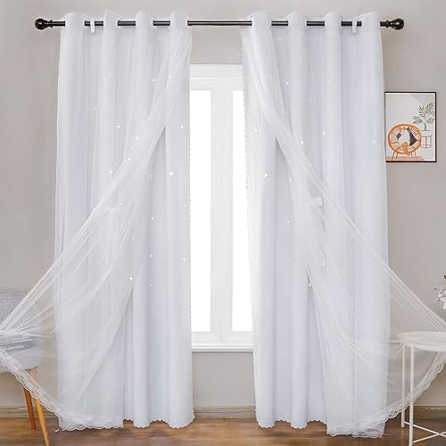 UNISTAR 2 paneles de cortinas opacas y transparentes con estrellas para dormitorio, habitación de niños, habitación de bebé, doble capa con recorte