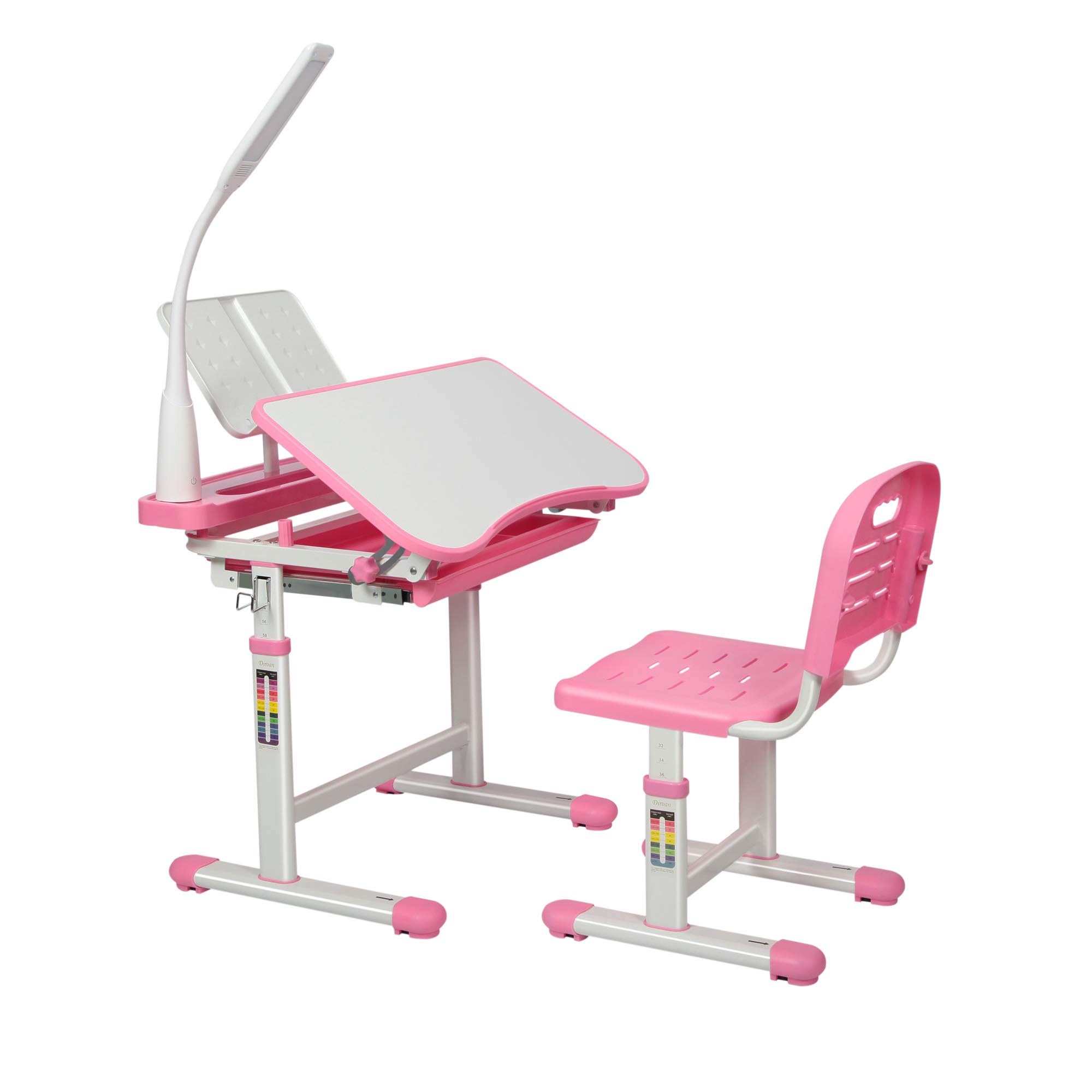 Gowxil Kids Functional Desk and Chair Set, Height Adjustable Children School Study Desk with Tilt Desktop, Bookstand, LED Light, Metal Hook and Storage Drawer for Boys Girls (Pink)