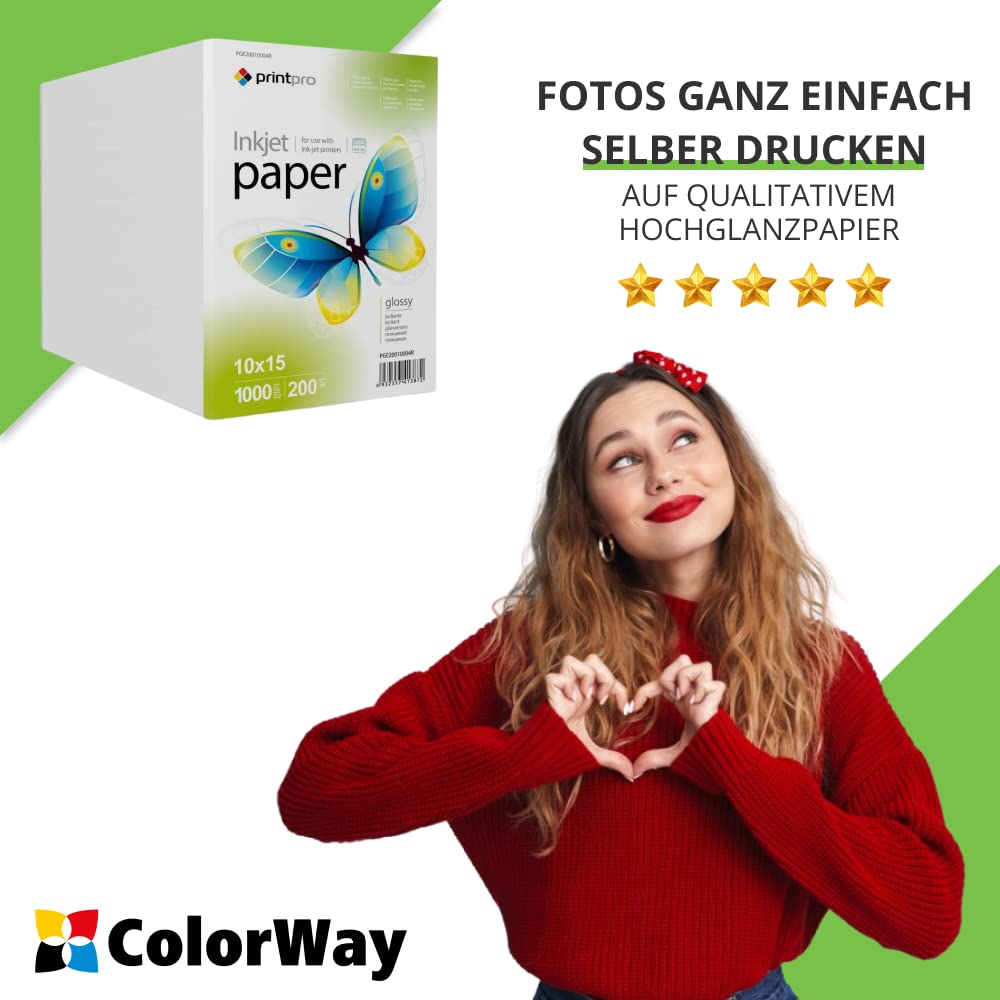 Fotopapier PrintPro von COLORWAY glänzend 200g/m² 1000 Blatt 10x15 Sofort Trocken Wasserfest für alle Tintenstrahldrucker