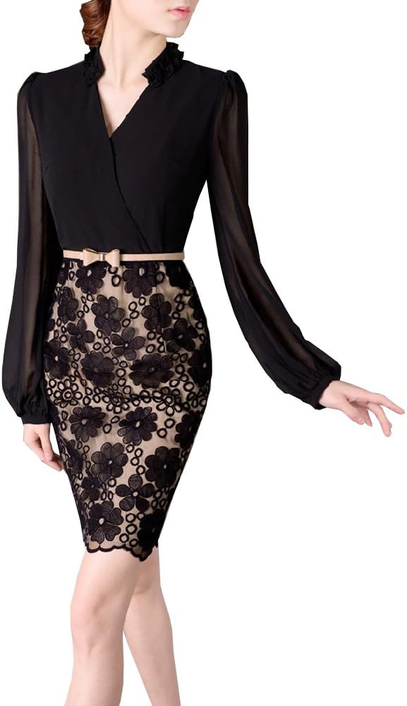 KingMas V-Neck Long Sleeve Lace Dress Elegant Bodycon Cocktail Dresses (XX-L)