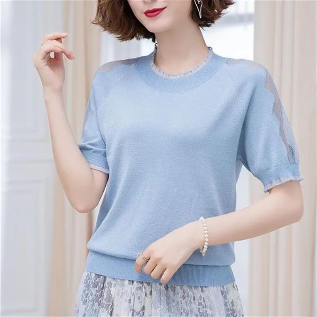 Maglieria estiva da donna a maniche corte in pizzo traforato girocollo casual top
