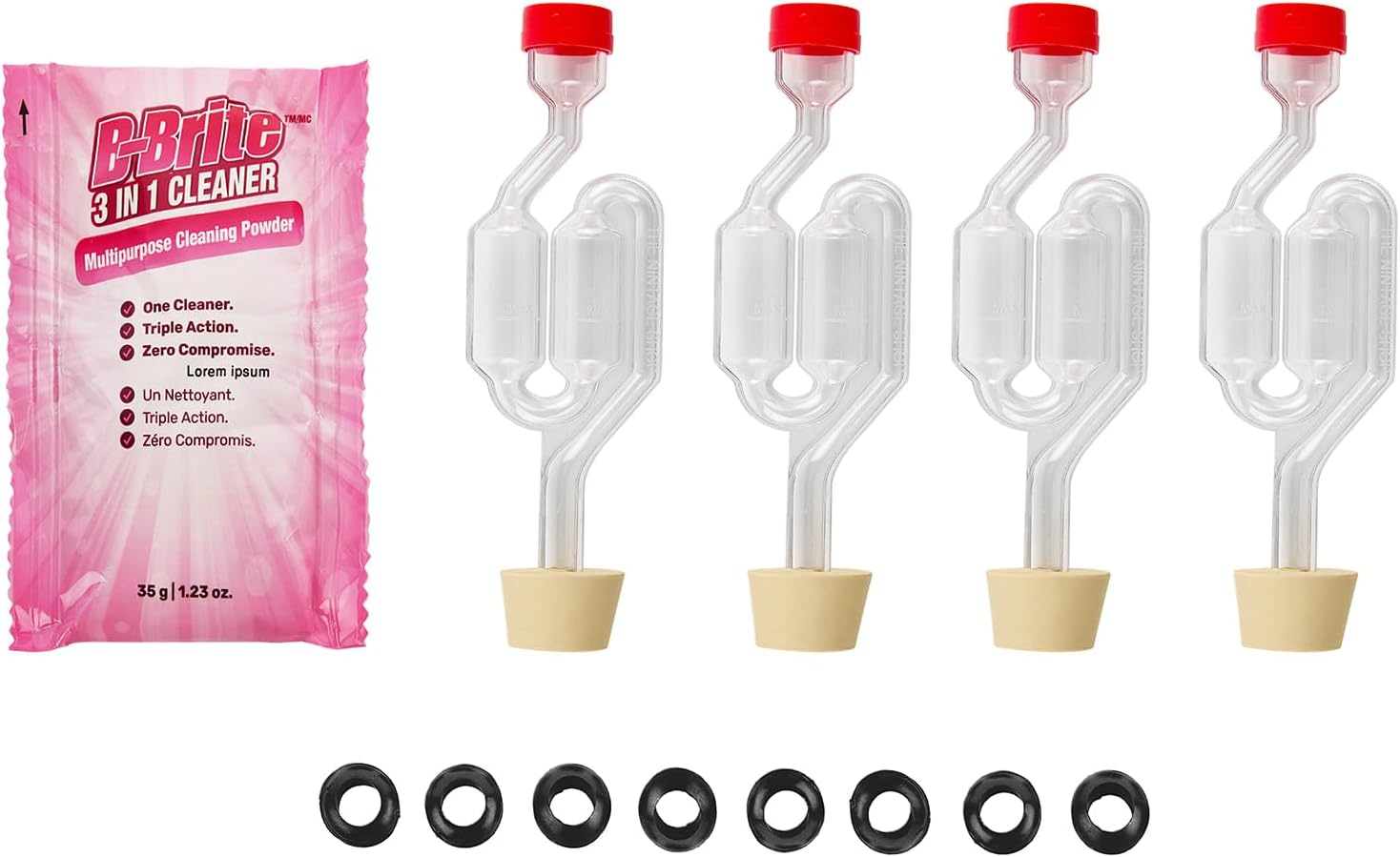 Bubble Airlock Fermentation Kit – 4-Piece Bubbler Airlocks, #6 Drilled Stoppers, 8 Grommets & B-Brite Cleaner – For Wine, Beer, Sauerkraut, Pickles, and More