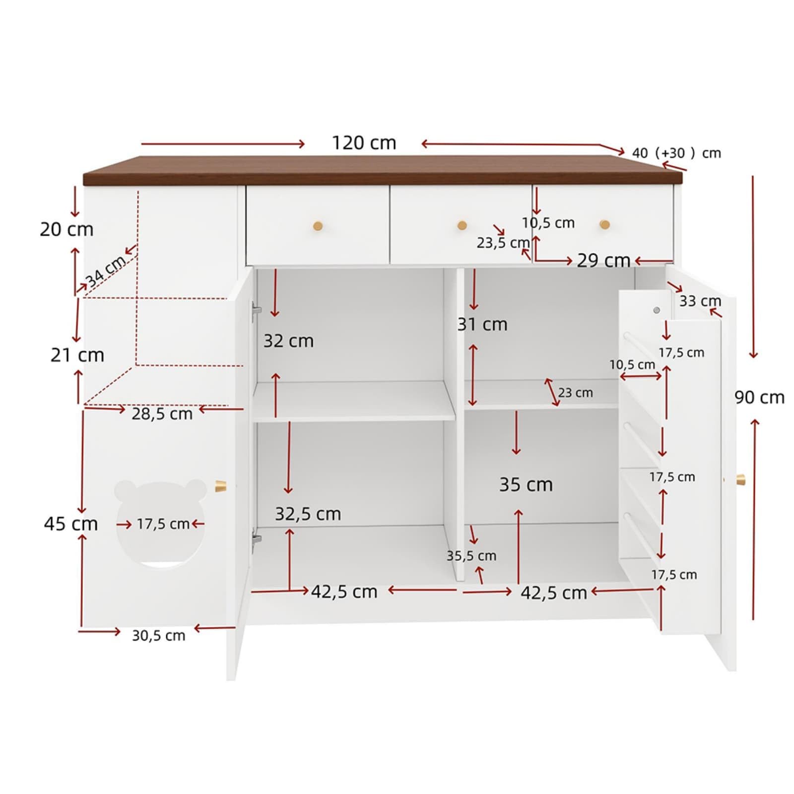 PUGSDRLY Îlot de Cuisine 120x40x90cm, avec Plan de Travail Escamotable, 3 Tiroirs, 2 Portes, Meuble Bar avec Rangement Épices et Espace Repas Intégré, pour Cuisine ou Salon (White + Deep Walnut)