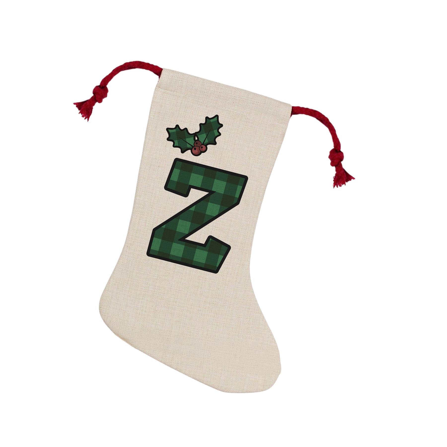 Purely Home Green Tartan Alphabet Letter Z Stocking - Novelty Initial Xmas Gift Linen-Style With Red Drawstring Ties