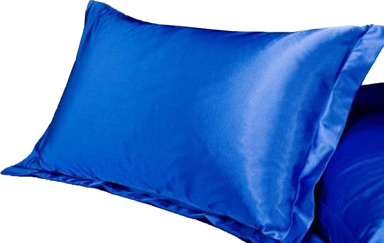 Jinyouju 2pcs Satin Silk Like Solid Color Pillow Case Cover Pillow Shams with Envelope Closure For Hair and Facial Care Faux Mulberry Silk Fabrics 48 * 74cm (18 * 29 inch, Dark Blue)