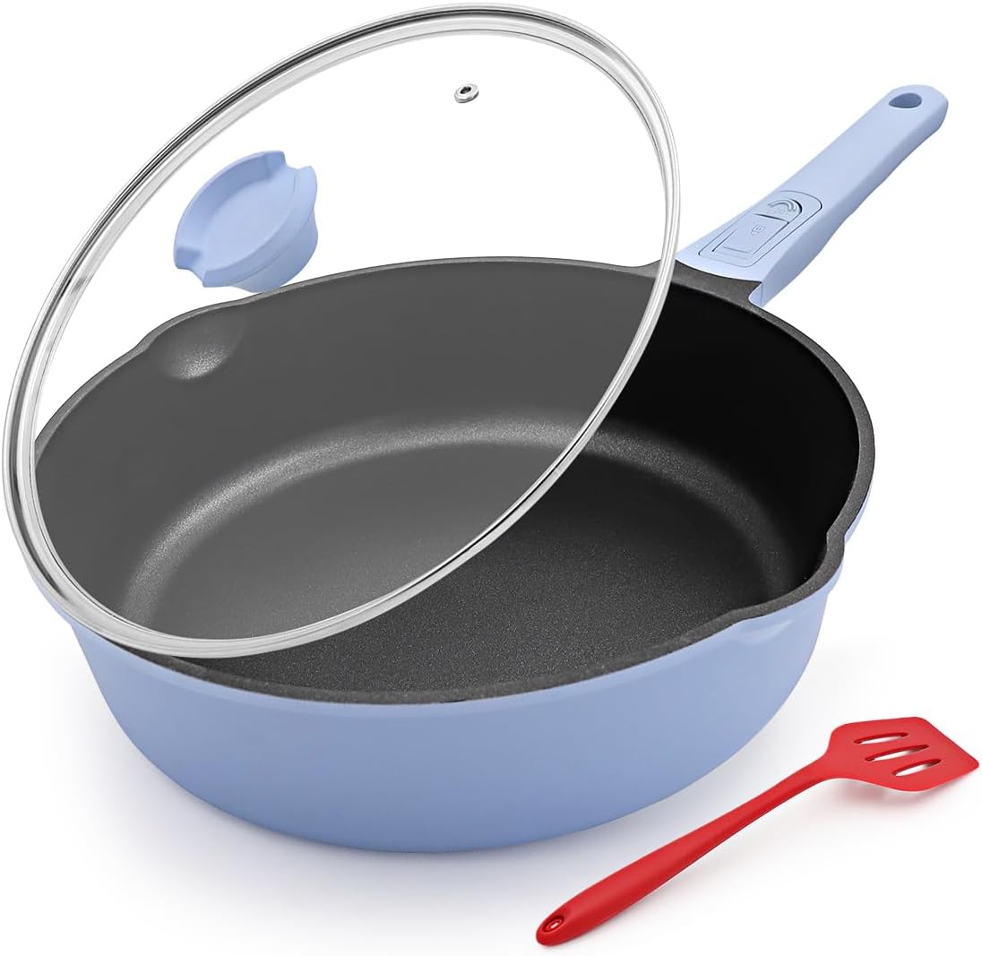 12 Inch Non Stick Frying Pans with Lid, 5 QT Nonstick Deep Frying Pan Skillet, Saute Pan with Detachable Handle, Compatible with All Stoves, Oven Safe, PTFE & PFAS-Free, Blue