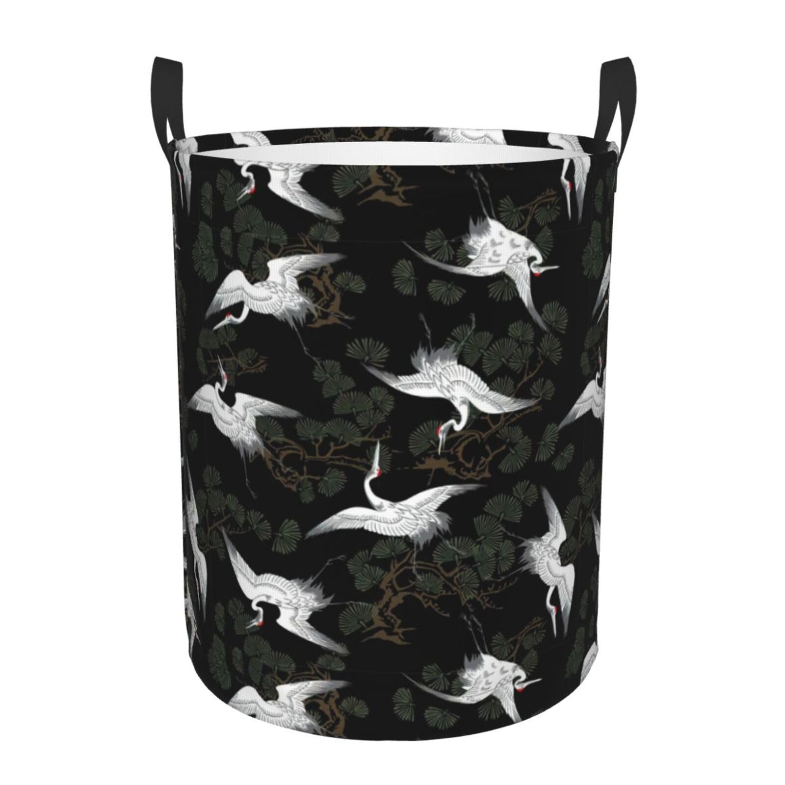 Stolmx Black Foldable Washing Basket Clothes Hamper Storage Bag, For Bathroom, Bedroom Japanese Crane & Pine Print