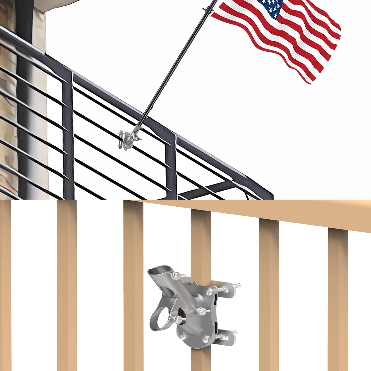 NO Drilling FlagPole Bracket For Horizontal or Vertical Railing | Aluminum Flag Pole Holder For Square or Round Railing, Wall - Two Installation Methods - Rust Free Bracket, for 1