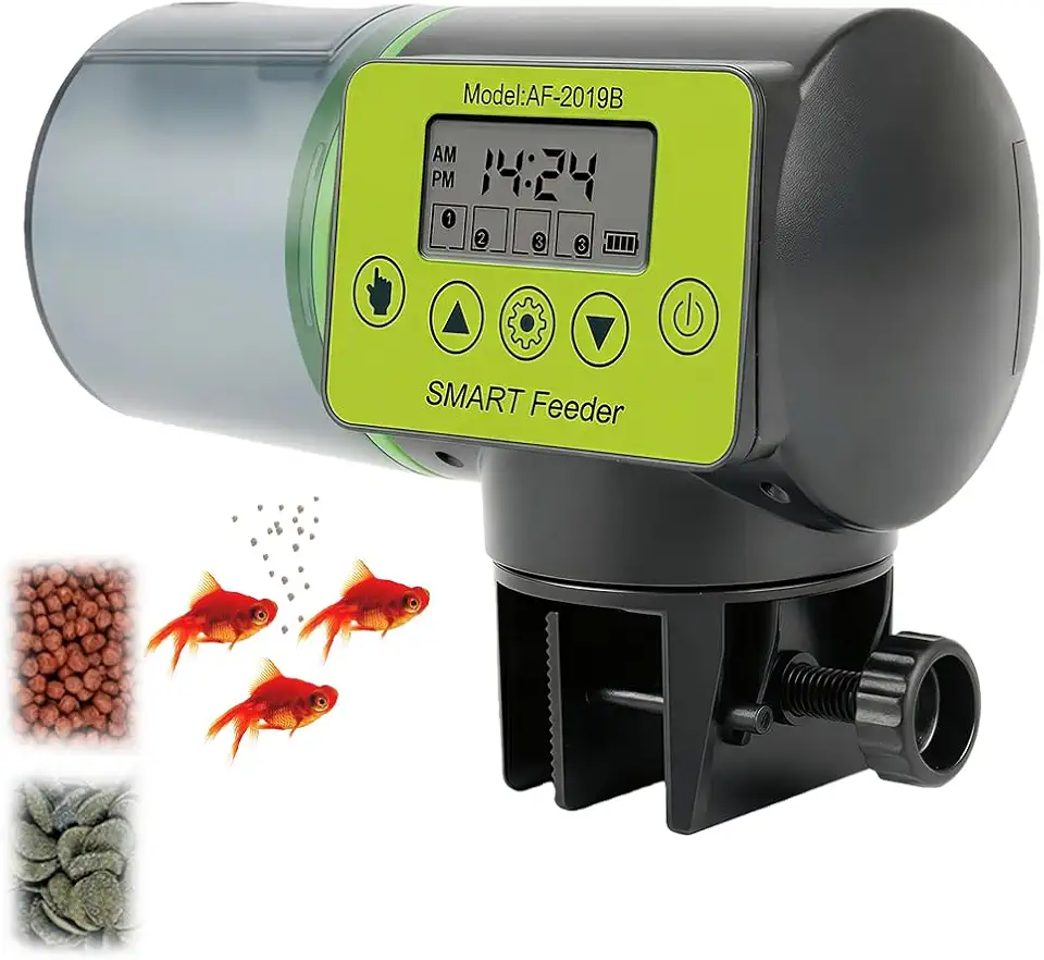 Alimentador automático de peixes para aquário – Dispensador automático de alimentos para peixes com capacidade de 200 ml com porção ajustável e 1-4 refeições diárias, para flocos, pellets, grânulos