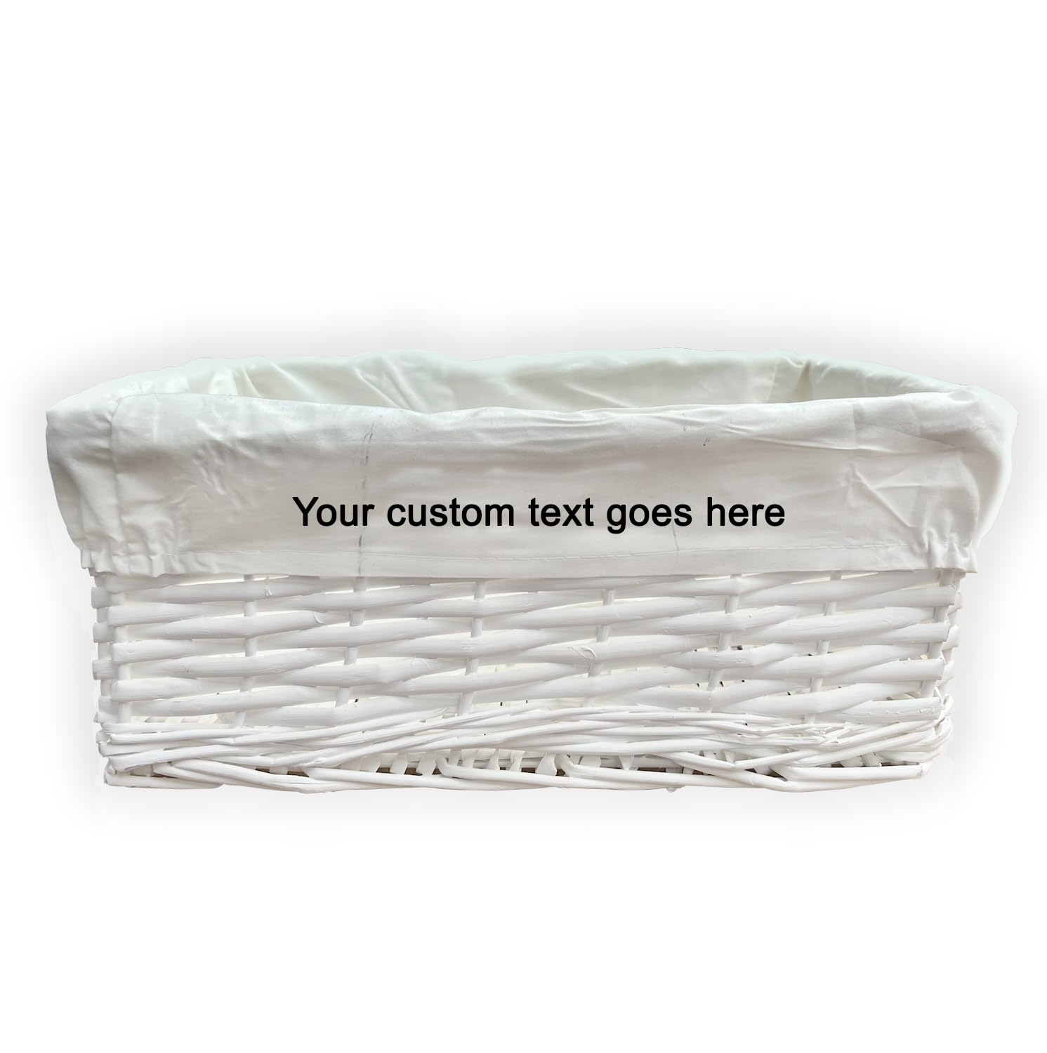 Arpan Personalised Text White Wicker Gift Hamper Storage Basket with White Cloth Lining (Medium)