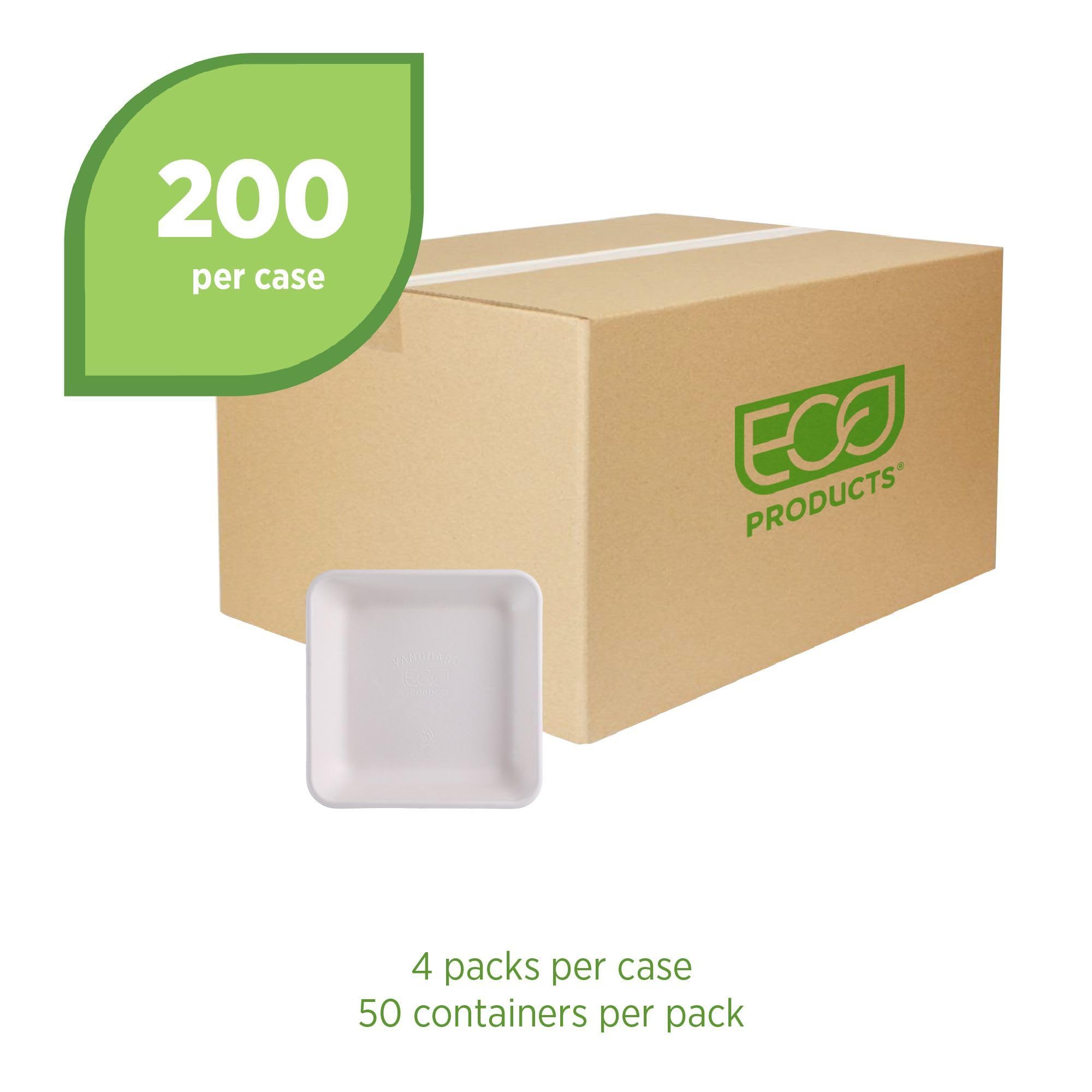 Eco-Products Vanguard WorldView - Contenedores compostables de comida para llevar de caña de azúcar, sin PFAS añadidos, 9 x 9 pulgadas, blanco, caja de 200