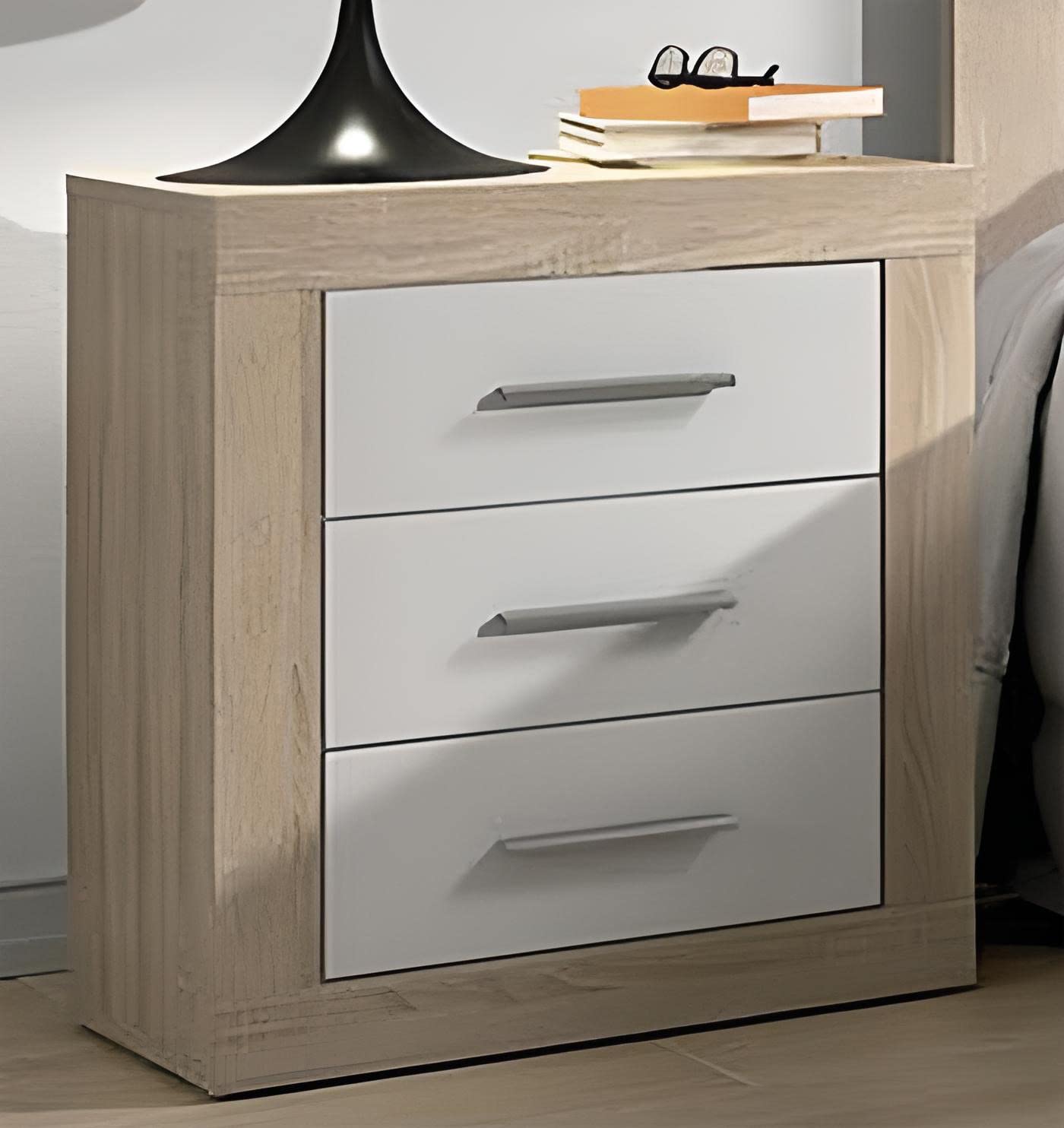 PEGANE Ensemble Chambre à Coucher, tête de lit + 2 Tables chevets + Commode + Miroir Mural Coloris Chêne Cambrian, Blanc