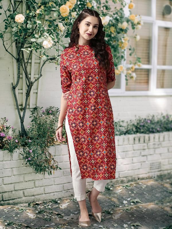 Image of Pinkmint Women Cotton Kurti ll Stright Printed Collared V Neck Kurta ll Stylish Regular Fit Kurti's (Pack of 01)