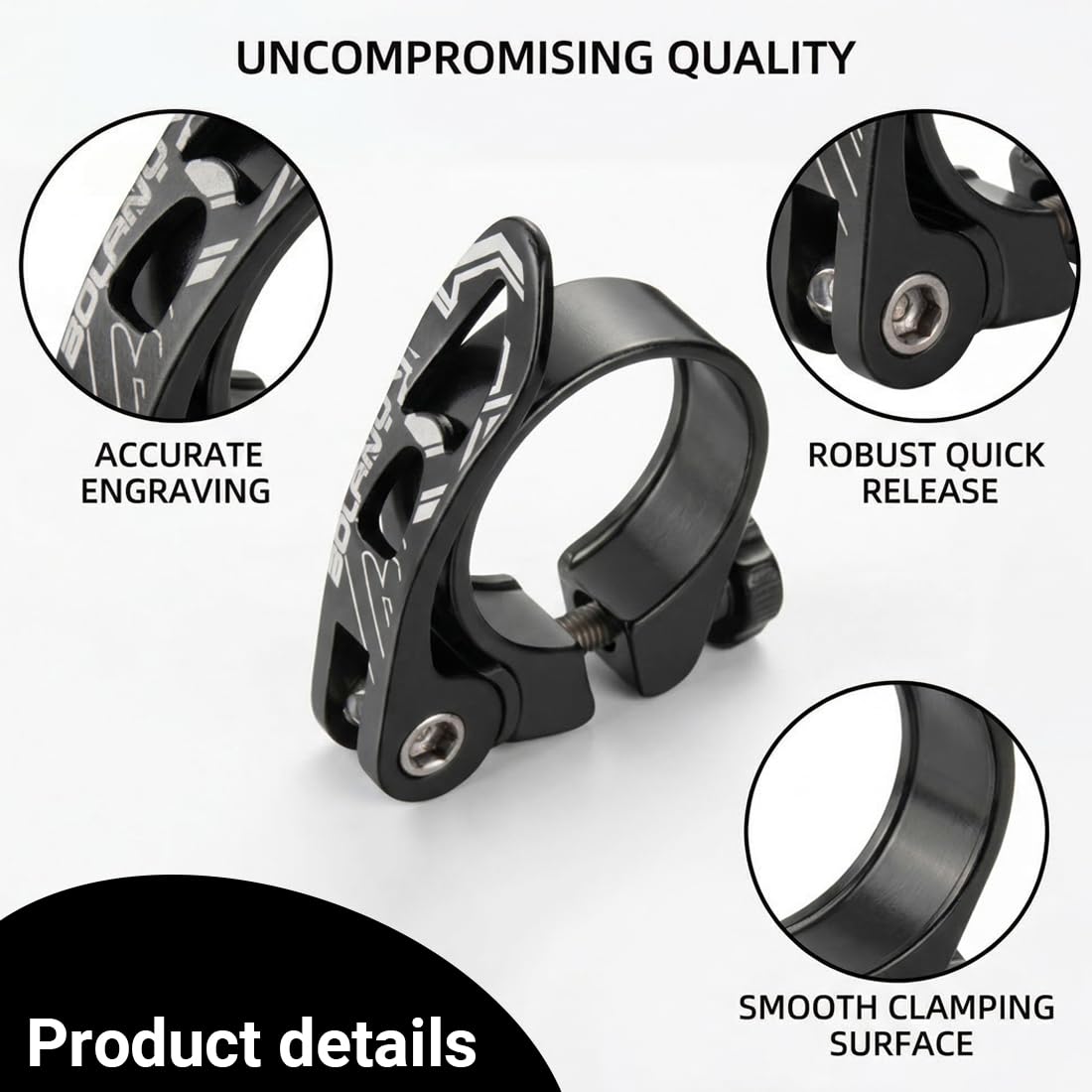Collarino Reggisella in alluminio, nero, 34.9mm, con sistema di sgancio rapido, resistente alla corrosione, per mountain bike e bici da corsa