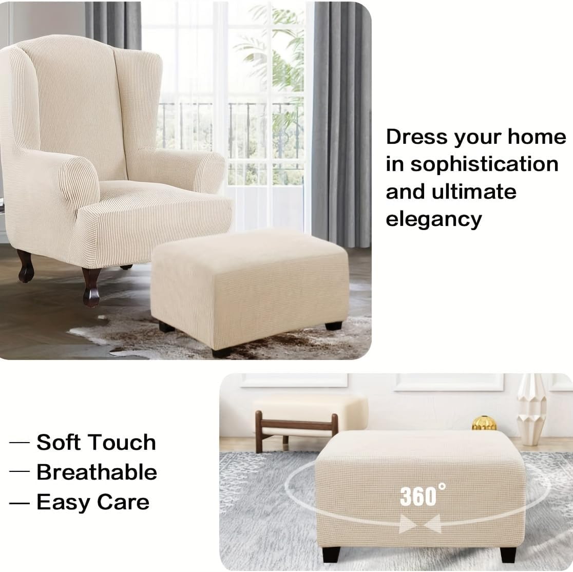 Large Beige Rectangular Elastic Ottoman Cover - Removable Footrest Protector for Sofa & Pouffe Dustproof Stretchable Footstool Slipcover