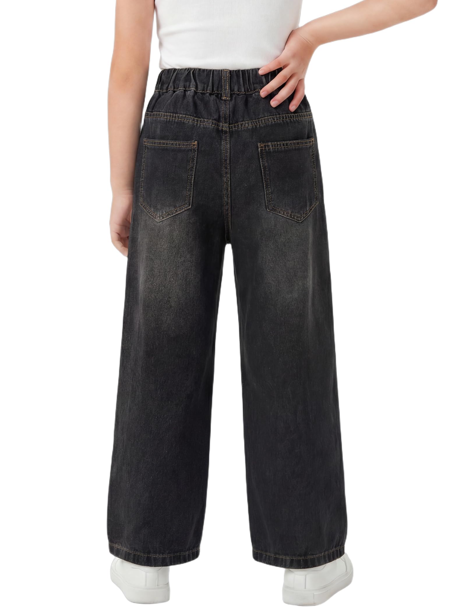 JiAmy Jeans larghi per ragazze con fiocco ricamato 3D, gamba larga elasticizzata in vita retrò Y2k casual pantaloni in denim per ragazze 6-13 anni