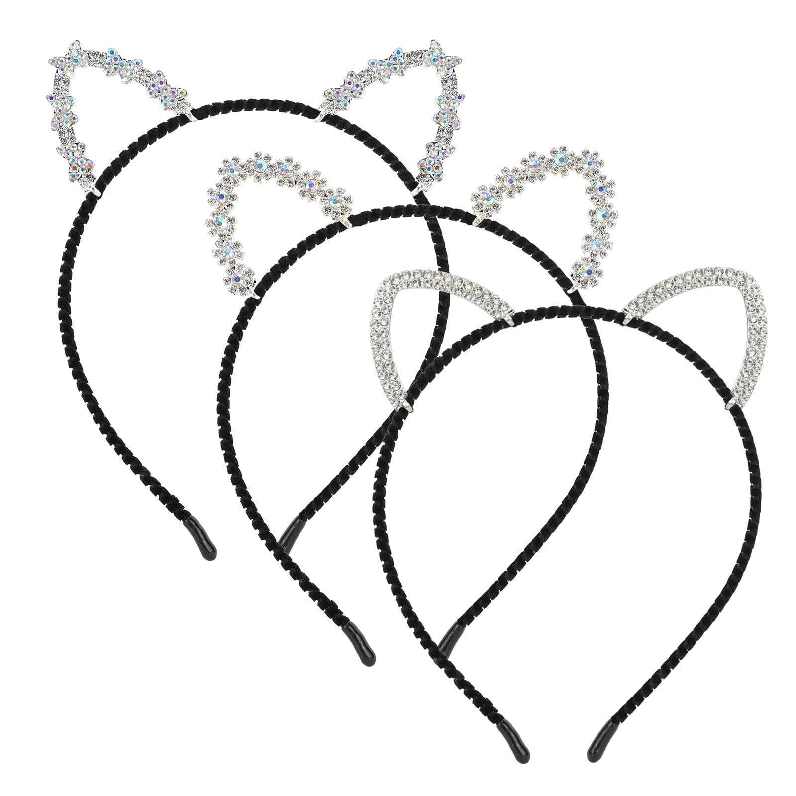 WHAVEL 3 Pcs Cat Ears Headband, Fabric & Rhinestone Cat Headband - Hair Accessories for Women, One Size Fits All, Perfect for Halloween, Cosplay,