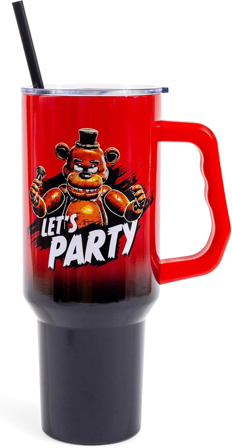 Silver Buffalo Five Nights At Freddy's “Let's Party” Featuring Freddy Fazbear Double Walled Stainless Steel Tumbler with Handle, Fits in Standard Cup Holder, 40 Ounces