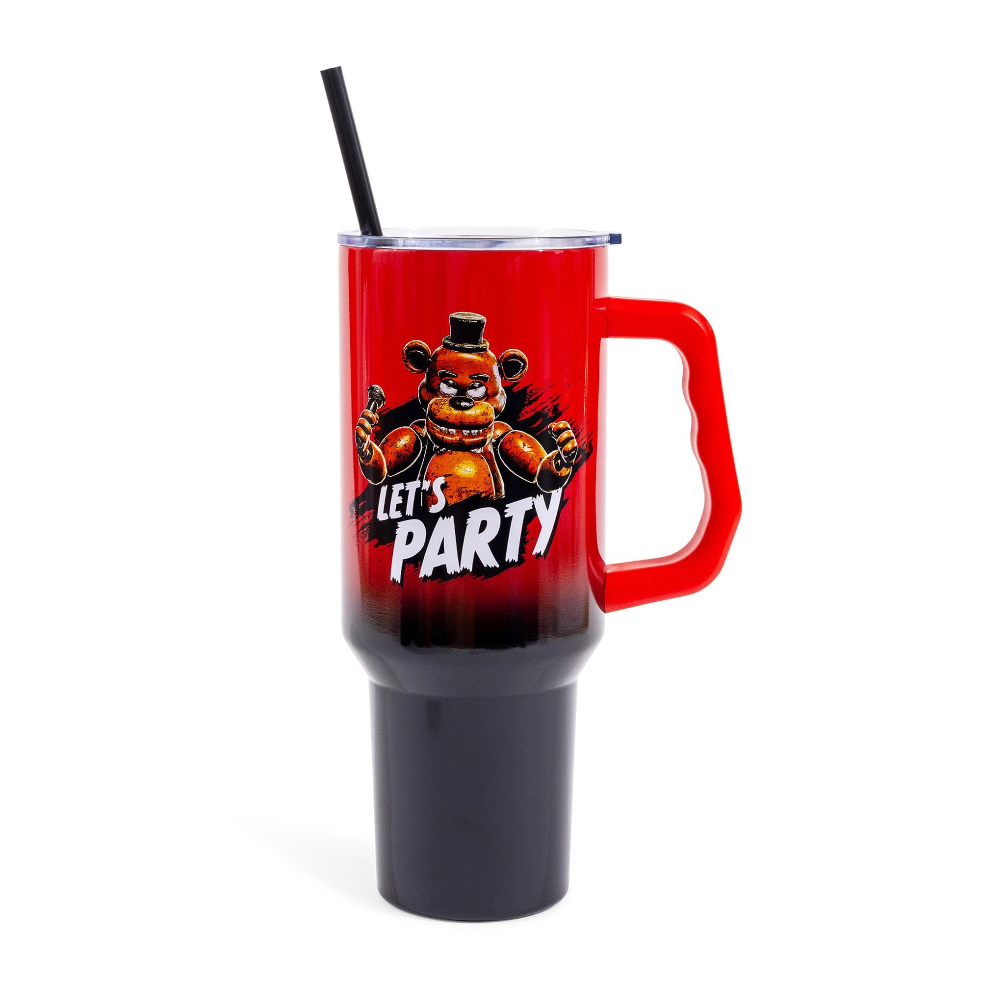 Silver Buffalo Five Nights At Freddy's “Let's Party” Featuring Freddy Fazbear Double Walled Stainless Steel Tumbler with Handle, Fits in Standard Cup Holder, 40 Ounces