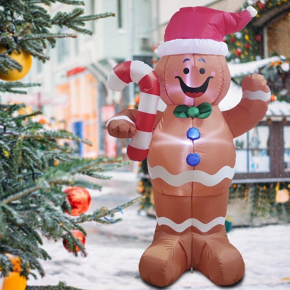 Joiedomi Décoration de Jardin Gonflable en Pain d'épices de Noël, 1,5 m, éclairage LED, Bonhomme en Pain d'épices Auto-Gonflable avec Sucre d'orge, Parfait pour fête de Noël, intérieur ou extérieur,