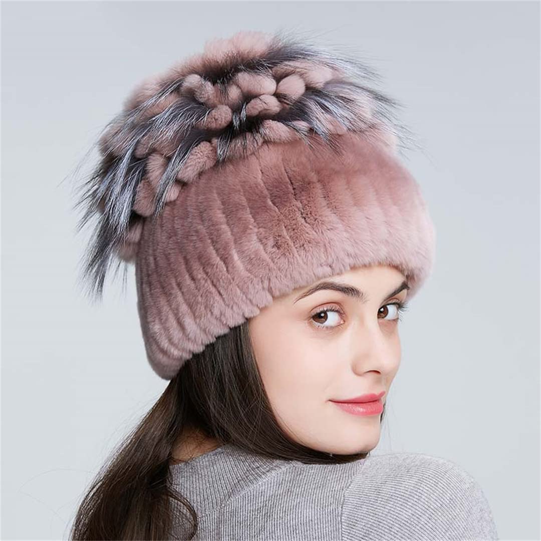 Sombreros de Piel de Mujer para Invierno Gorro de Piel de Conejo Natural Moda Femenina Gorros Gruesos y cálidos Gorros 105 52-58 Cm