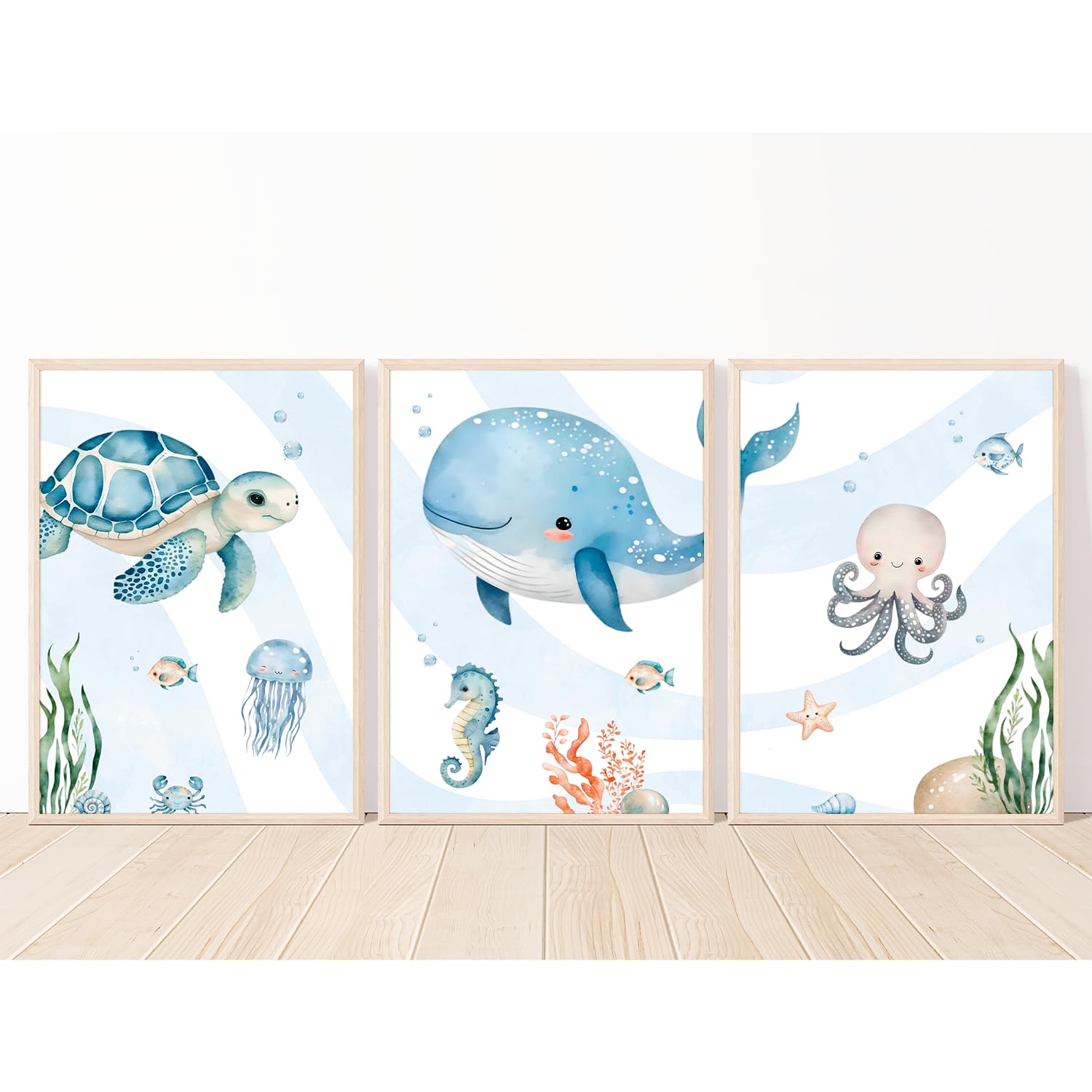 MeinBaby123® Juego de 3 imágenes del mundo submarino DIN A4, ballena, tortuga, medusa, decoración para habitación infantil, mar, regalo de nacimiento (mundo submarino V4)