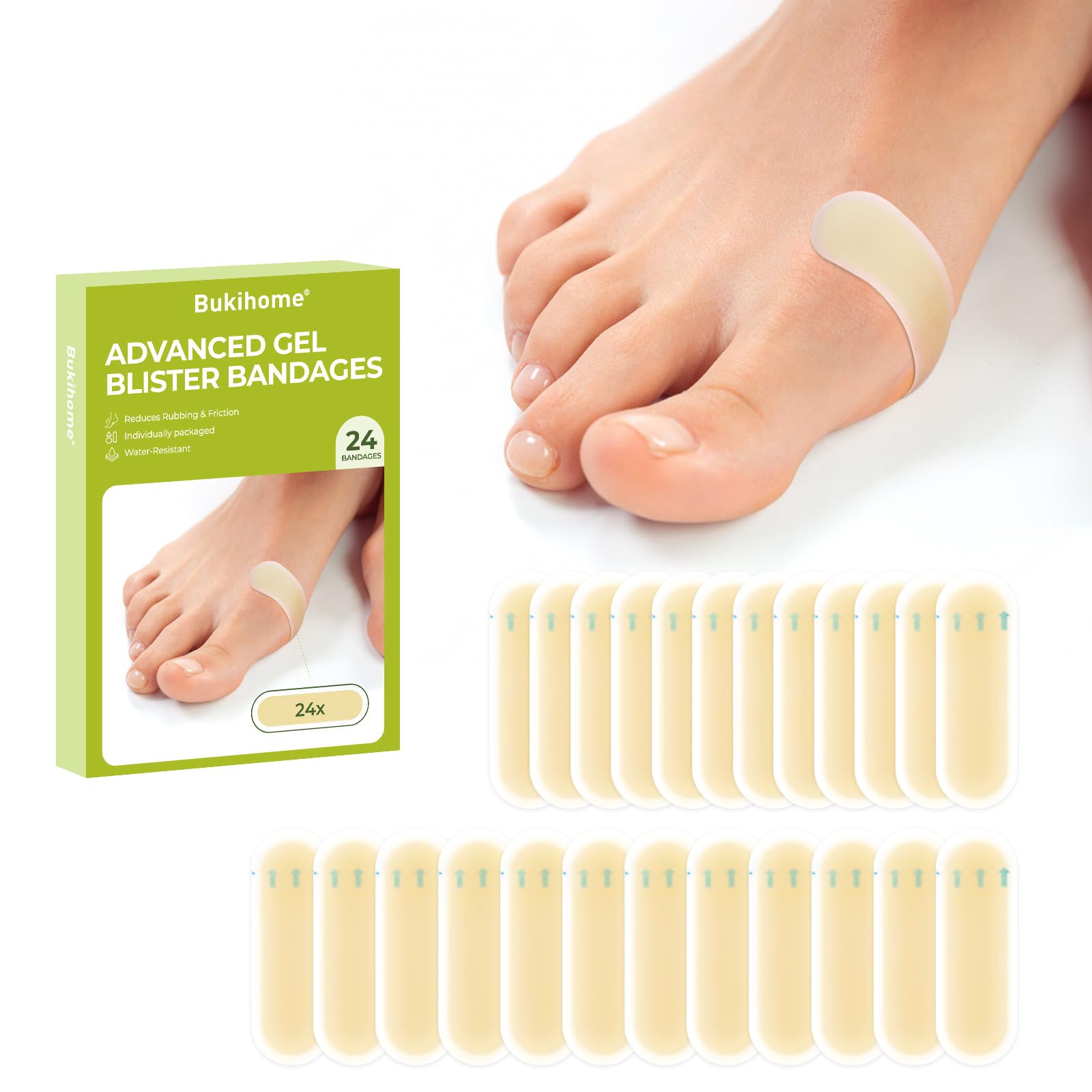 Gel Blister Hydrocolloid Bandage Pads- Bukihome 24 Count Blister Cushions for Foot, Toe, Heel - Water Resistant Bandages, Blister Pads for Prevention