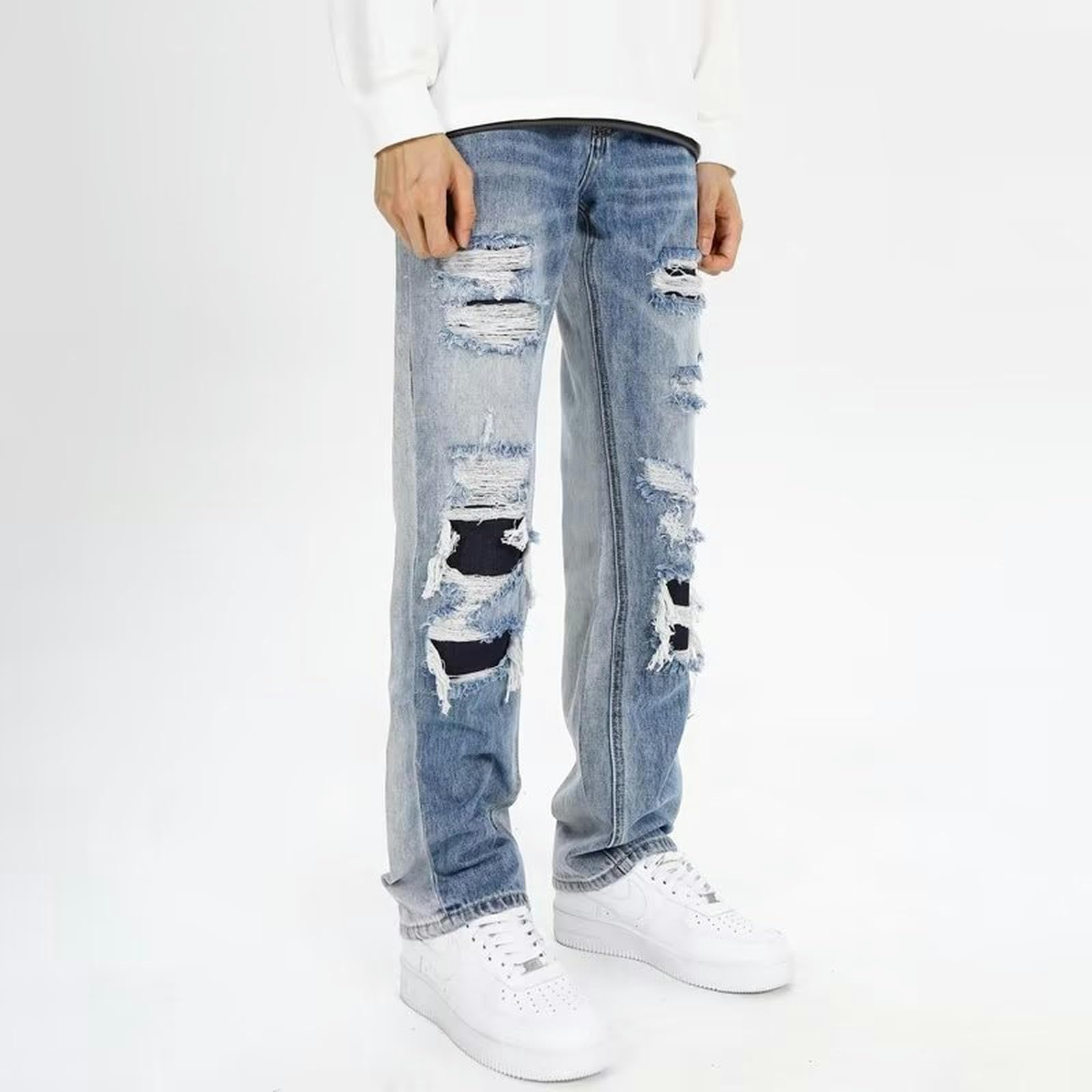 Jeans Strappati da Uomo Estivi Larghi lavati Pantaloni Dritti rovinati - Blu - 3XL