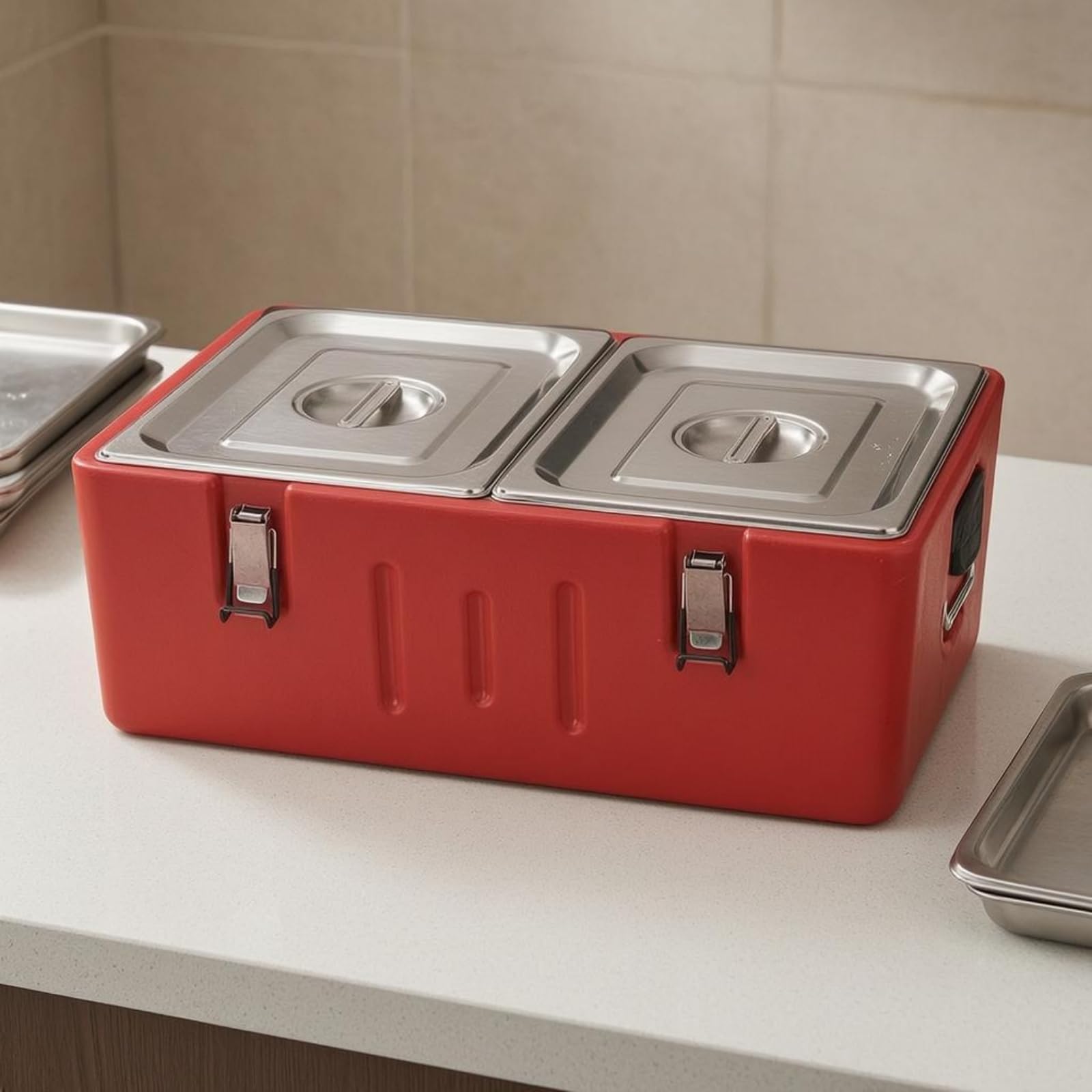Contenedor Térmico Térmica Doble Tapa Contenedor Térmico Rectangular con Asas Laterales Recipiente Aislado, Caja De Aislamiento Con Revestimiento Extraíble De Cuatro Compartimentos