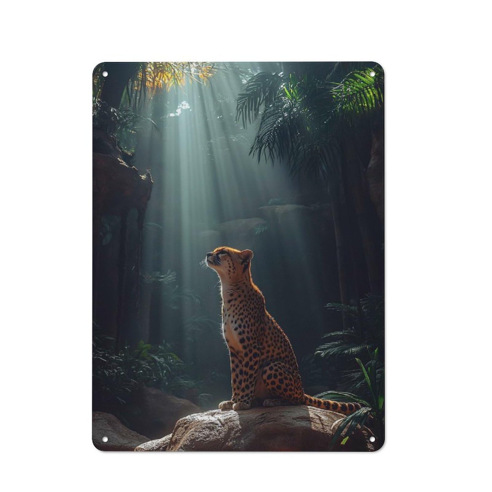 Rustic Vintage Metal Sign 40x30cm Featuring Cheetah in Jungle Sunlight, Home Bar Decor for Cafe, Pub, Workshop Or Home Bar