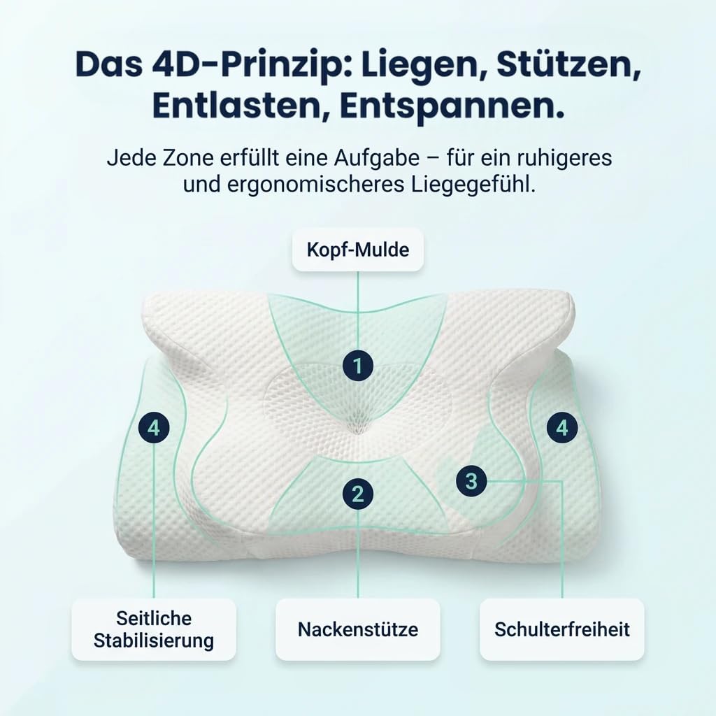 Orthopädisches 4D Kopfkissen - Nackenkissen gegen Nackenschmerzen | Anti Schnarch Memory Foam Nackenstützkissen Rücken-, Bauch- & Seitenschläferkissen Deutsche Entwicklung, Höhenverstellbar