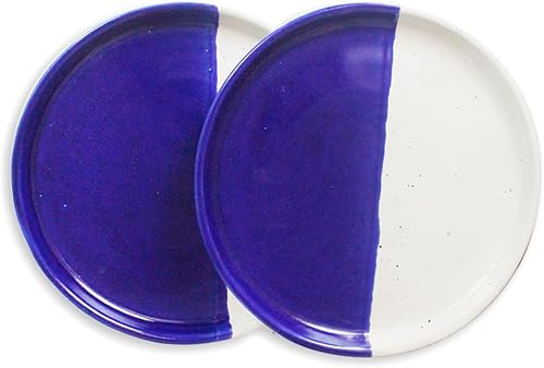 roro Plato de cena dividido de cerámica hecho a mano, diseño de puntos azules y blancos en dos tonos moteados (2 unidades)