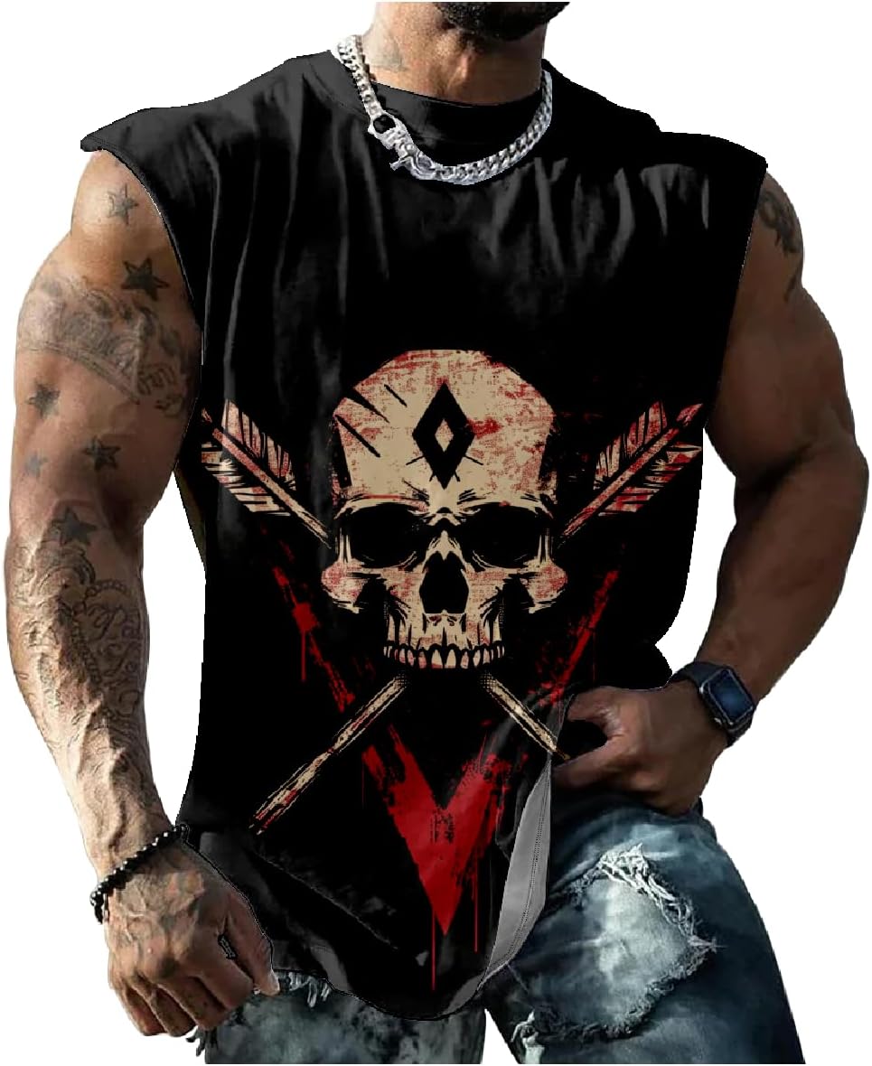 Men's Skull Tank Tops Summer 3D Printed Big and Tall Sleeveless T Shirts Crewneck Cotton Cool Graphic Sport Muscle Tee Shirts