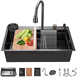 Pia de Cozinha,75X45cm Cuba de Inox,Cuba Multifuncional Inox Pia De Cozinha Gourmet Com Acessórios Pia Completa,Pia Cozinha,Tipo Cascata,Torneira Telescópica e Acessórios Completos.