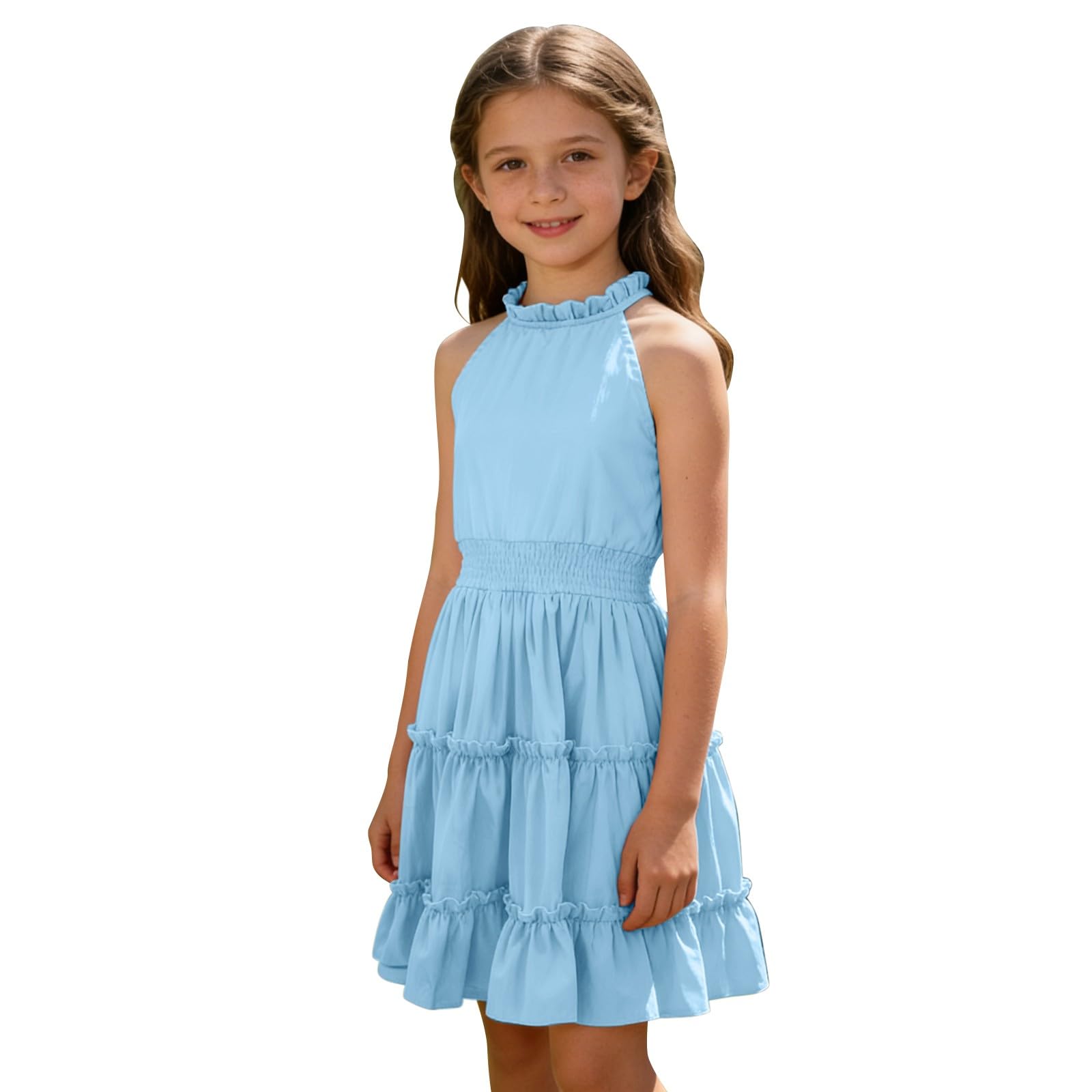 Vestido de verano para niñas, con hombros descubiertos, casual, con vuelo, acampanado, sin mangas, con volantes, vestido festivo