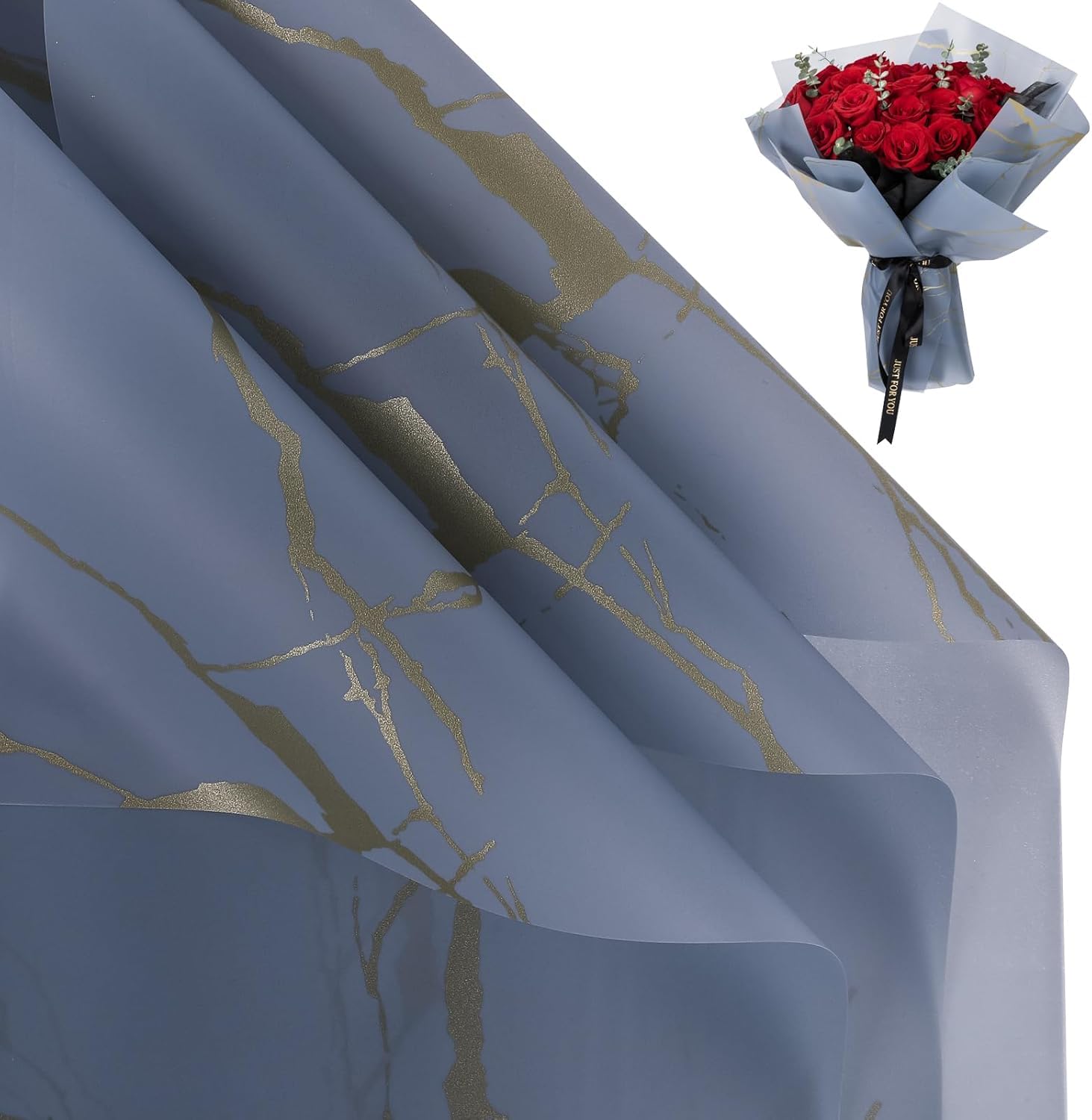 Zarwani - 5 Sheets Korean Style Waterproof Aqua Blue Bouquet Wrapping Paper (58cm x 58cm, 60 Microns) | Marble Design, Giftwrap for Flowers & DIY Christmas Gift Wrapping Paper (5, Marble Aqua Blue)