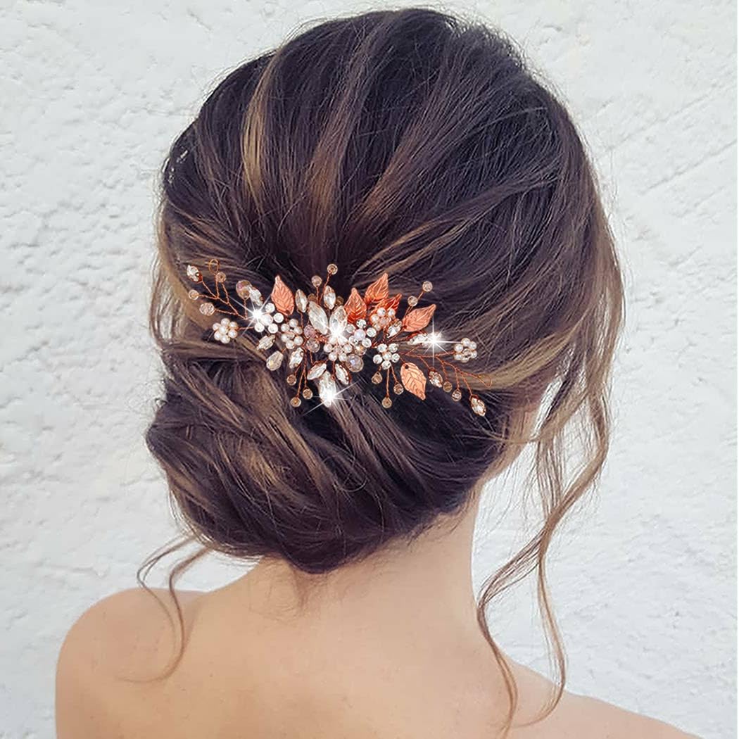 Zoestar Pettini per capelli da sposa con fiore e perle, accessorio per capelli per donne e ragazze (oro rosa)