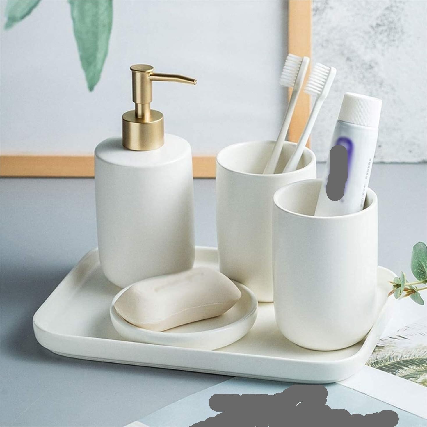 Badezimmer Set 5 Packungen Keramik Lotion Flasche Mundwasser Tasse Seifenschale Tablett Badezimmer Zubehör Set Für Hotel Restaurant Dekoration Organizer(White)