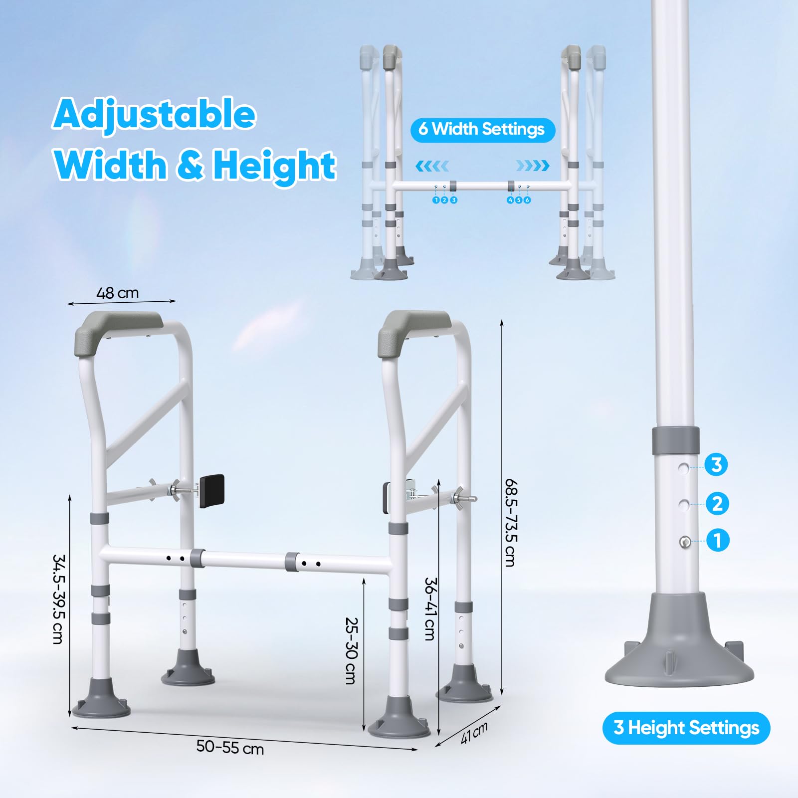Barre di sicurezza per WC 150 kg/300 libbre, barre per WC regolabili in larghezza e altezza, telaio per WC con grandi ventose, per anziani, disabili e portatori di handicap